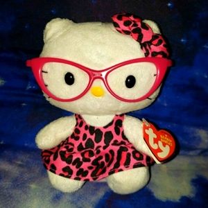Sanrio Hello Kitty Ty Beanie Babies Plush with Pink Glasses Leopard Dress